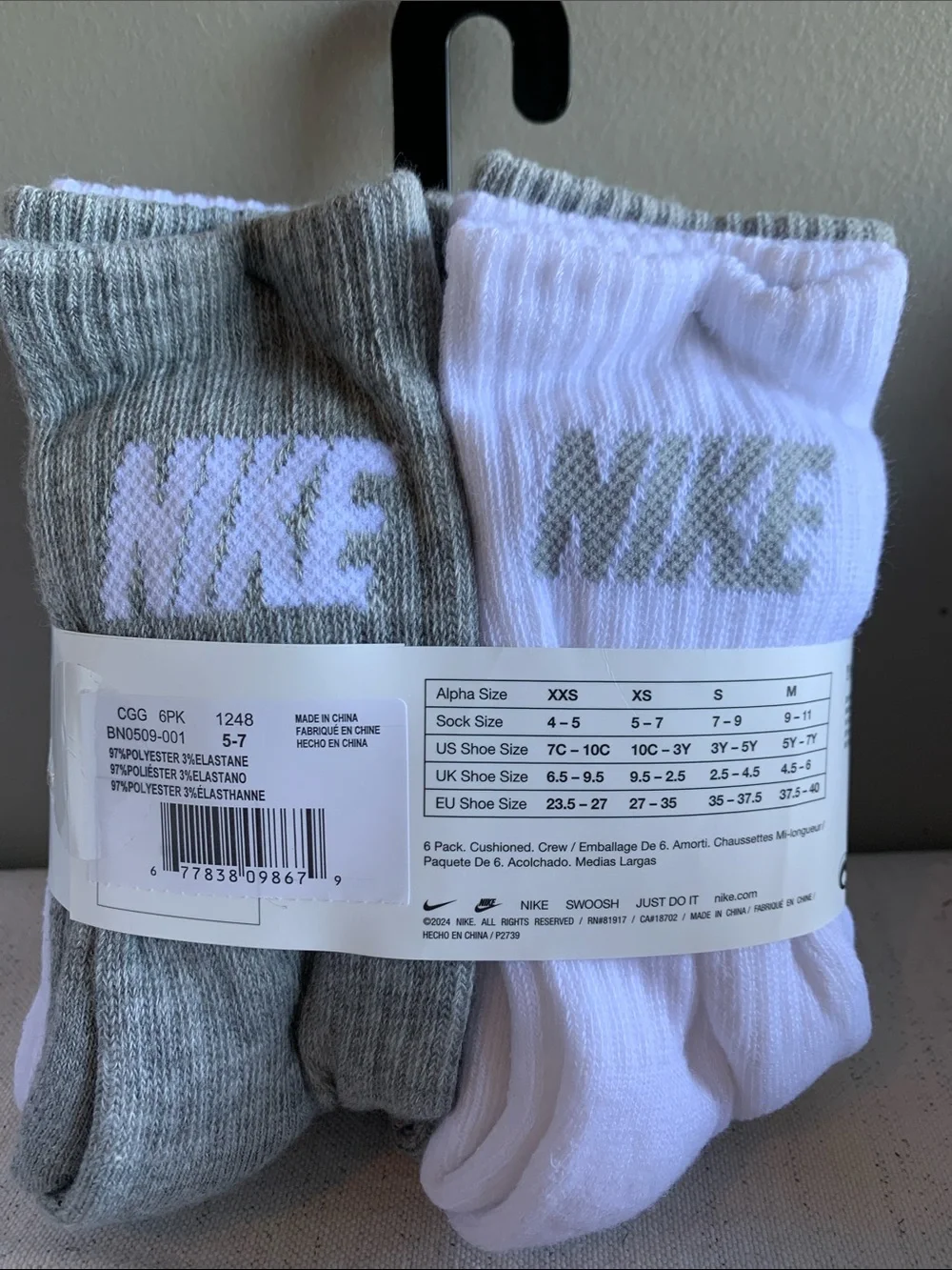 Nike Youth Crew Socks - White & Gray with Neon Yellow and Red Logos - 6 Pack